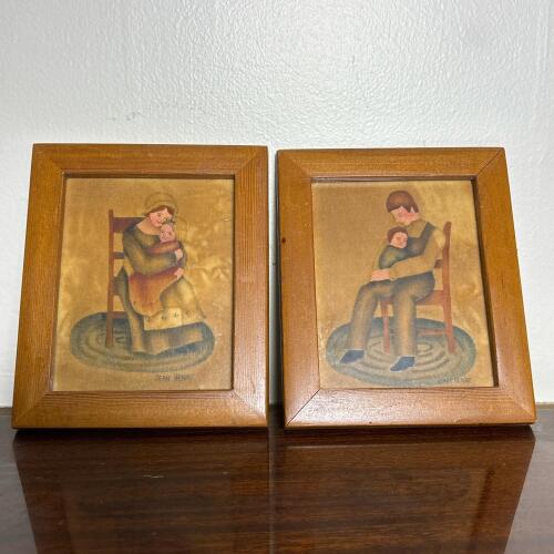 Two Vintage Framed Folk Art Theorem Paintings by Jean Henry, 5"x6"