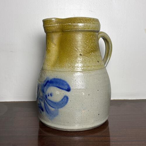 Beaumont Pottery Stoneware Pitcher with Blue Floral Motif