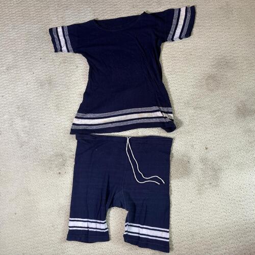 Vintage Navy Blue Knit Bathing Suit with White Stripes