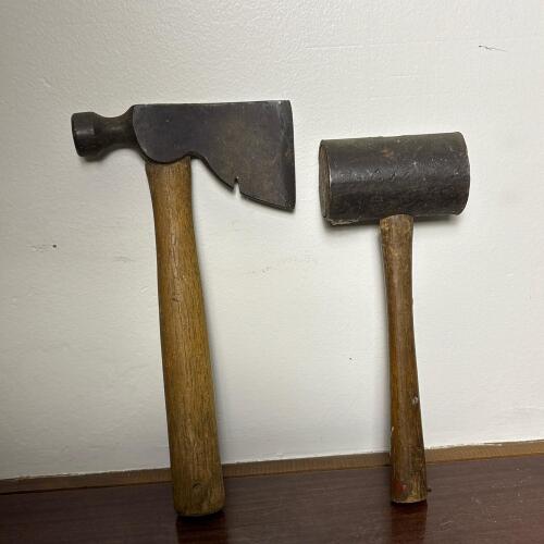 Vintage Carpenter's Hatchet and Iron Mallet