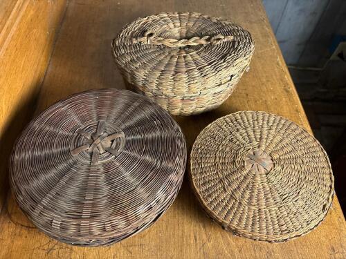 Three Handmade Woven Baskets with Lids