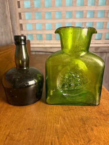 Two Blown Glass Green Bottles
