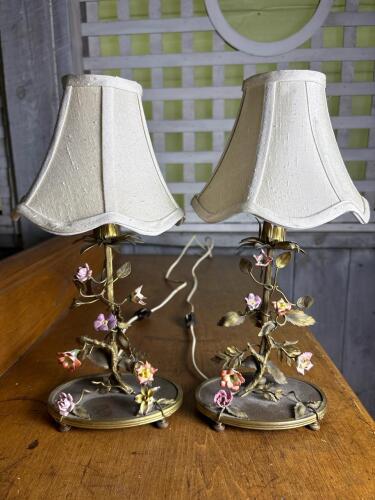 Pair of Tole Floral Table Lamps with Shades, Vintage-Style