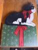 Folk-Art Style Painted Wooden Cat Plaque with Red Bow