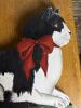 Folk-Art Style Painted Wooden Cat Plaque with Red Bow - 2