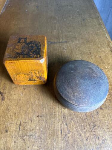 Wooden Animal-Illustrated Block and Round Wood Trinket Box