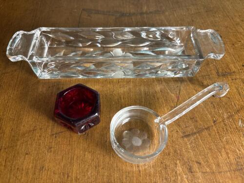 Pressed Glass Candy Dish, Ladle, and Ruby Glass Salt Cellar