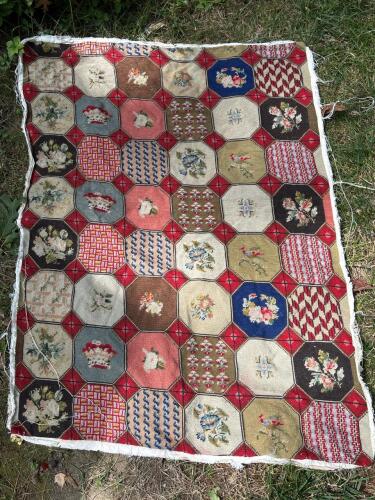 Needlepoint Wool Panel With Geometric and Floral Motifs