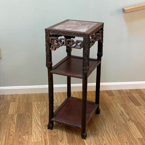 Chinese-Style Carved Wood Stand with Pink Marble Top