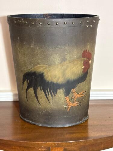 Folk Art-Style Metal Wastebasket With Rooster