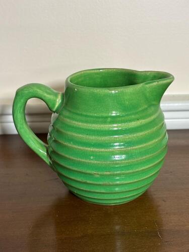 Green Ribbed Pottery Pitcher in the Art Deco Style