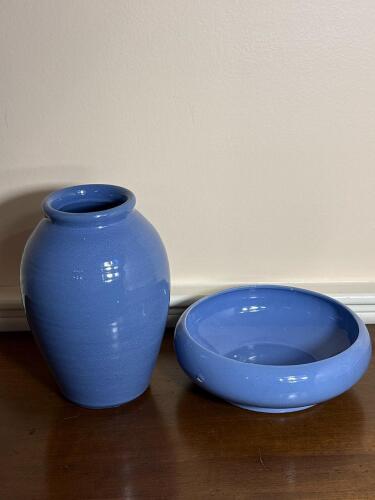 Blue Glazed Pottery Vase and Bowl