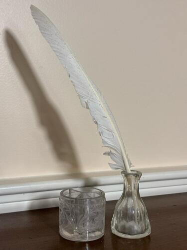 Glass Inkwell, Pen Holder, and Feather Quill Set