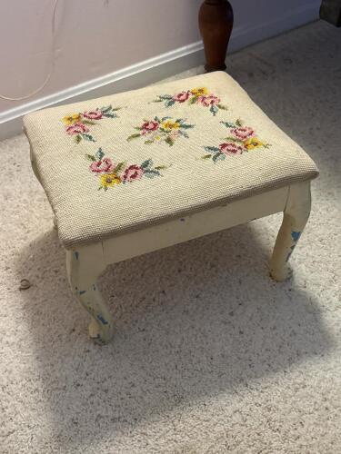 Upholstered Footstool With Floral Needlepoint Top