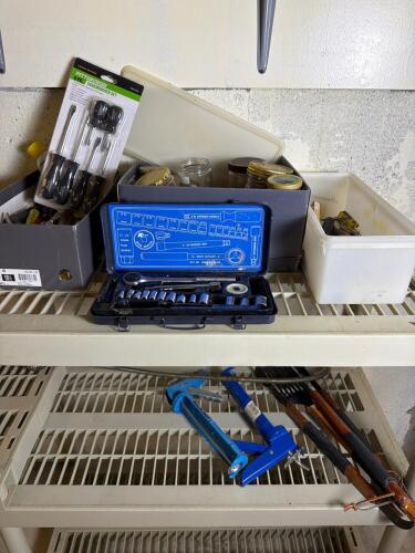 Mixed Hand Tools, Socket Set, and Caulking Guns
