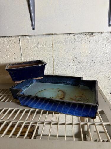 Pair of Studio Pottery Bonsai Planters with Blue Glaze