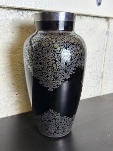 Art Deco Black Glass with Silver Overlay Vase