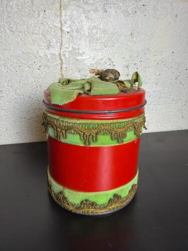 Vintage Red Tin Container with Velvet Trim and Bells