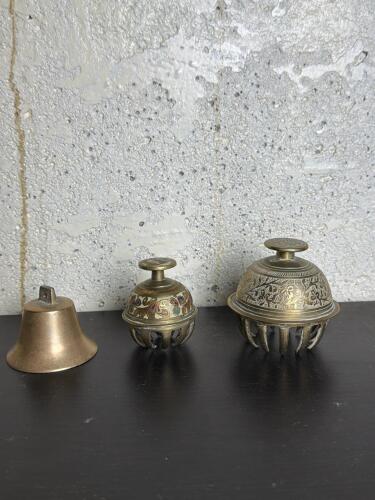 Brass Hand Bell and Two Engraved Indian Brass Ghungroo Bells