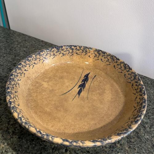 Stoneware Pottery Bowl With Blue Spongeware Design