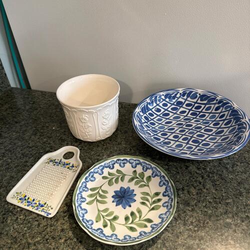 Assorted Ceramic Dishes and Bowl, Floral and Geometric Designs