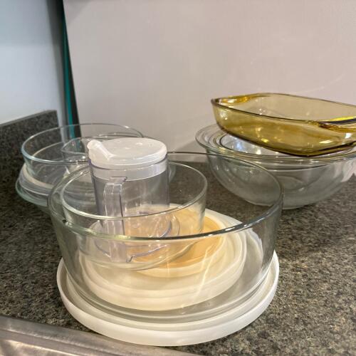 Glass Mixing Bowls, Pie Dishes, Amber Baking Dishes, Dispenser