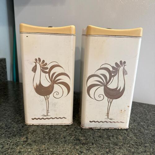 Pair of Vintage Rooster-Pattern Metal Kitchen Canisters