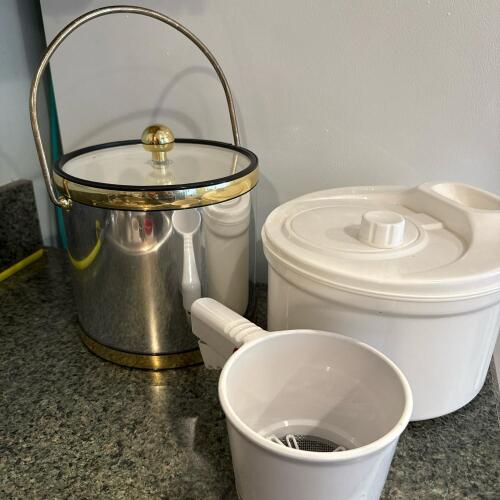 Plastic Salad Spinner, Flour Sifter, and Kraftware Ice Bucket