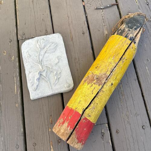Decorative Concrete Tulip Plaque and Large Wooden Painted lobster buoy
