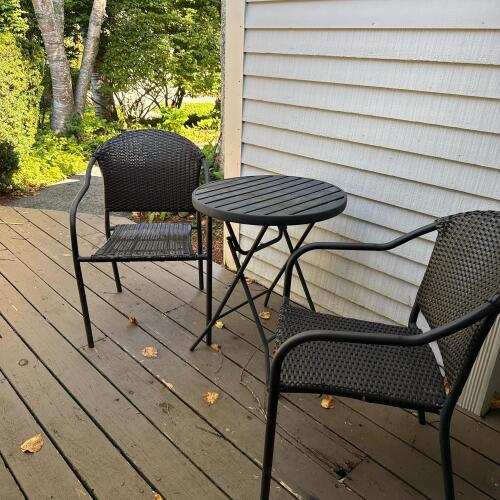 Outdoor Patio Bistro Table and plastic Wicker Chairs Set