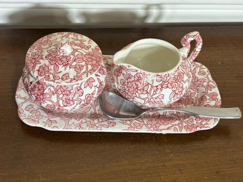 Pink Floral Transferware Creamer, Sugar Bowl, and Tray Set