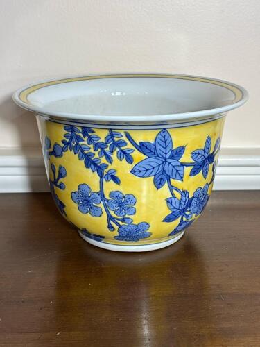 Blue and Yellow Porcelain Planter with Floral Motif