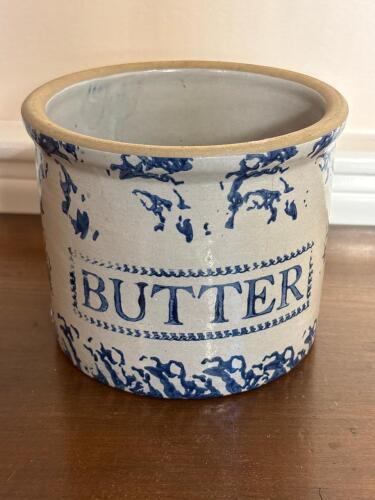 Stoneware Butter Crock Blue Spongeware-Style