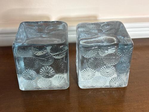 Pair of Textured Glass Cubes with Embossed Pattern
