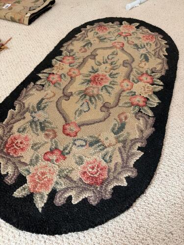 Handmade Floral Hooked Rug Oval Black Border