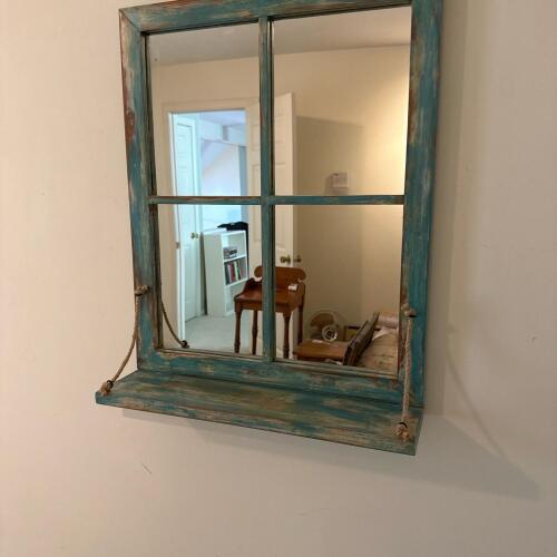 Rustic Distressed Window-Style Mirror with Shelf