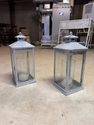 Pair of Galvanized Metal and Glass Lanterns
