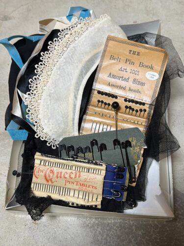 Vintage Sewing Notions, Lace Collar, Pins and Ribbons