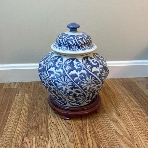 Blue and White Covered Ginger Jar with Wooden Stand