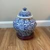 Blue and White Covered Ginger Jar with Wooden Stand