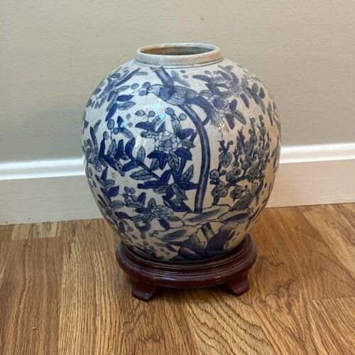 Blue and White Asian-Style Bird and Floral Ceramic Vase with Stand