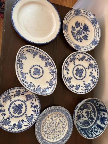 Blue and White Transferware Plates in Mixed Floral Patterns