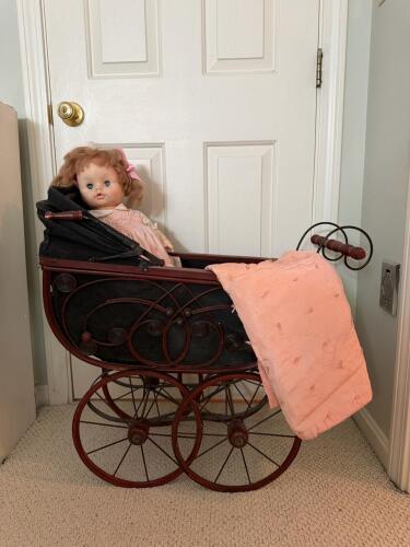 Victorian Wicker Baby Carriage with Vintage Horsman Doll