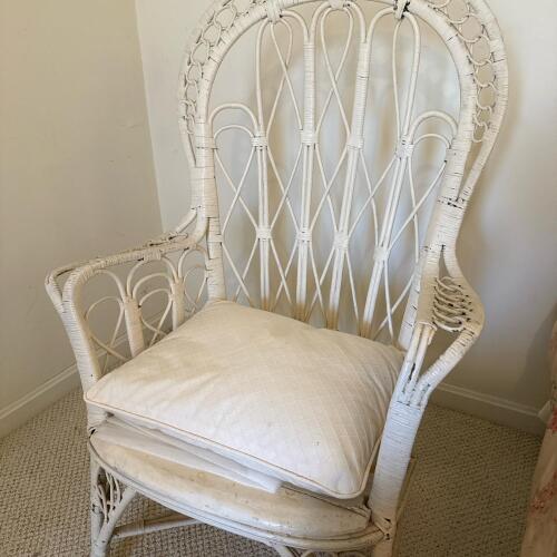Vintage White Wicker Armchair With Cushion, Victorian-Style