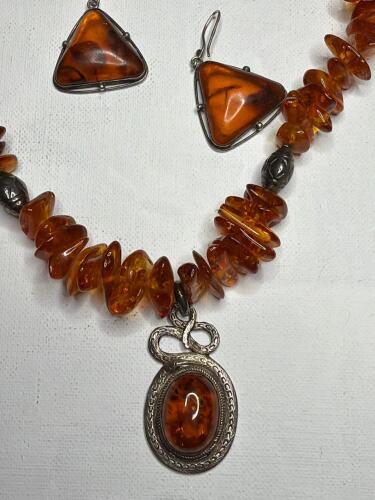 Amber and Sterling Silver Necklace with Pendant and Earrings