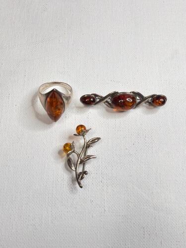 Sterling Silver and Amber Ring and Brooches