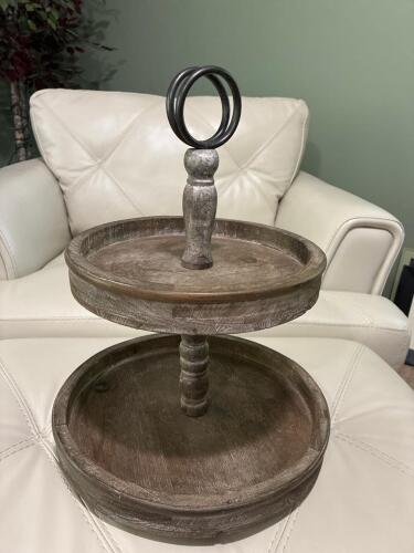 2-Tier Wooden Serving Tray with Metal Handle