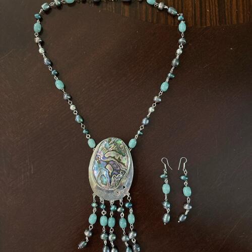 Sterling Silver Necklace with Abalone Inlay & Matching Earrings