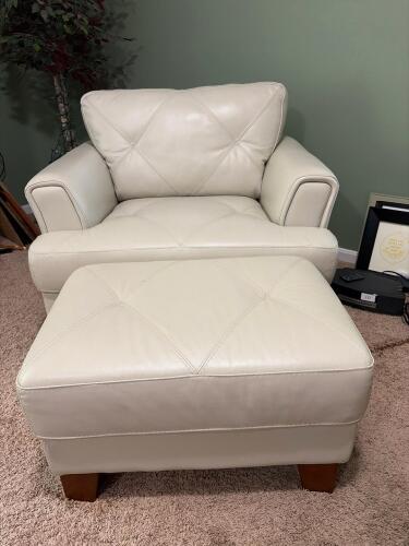Contemporary Cream Faux Leather Armchair With Ottoman