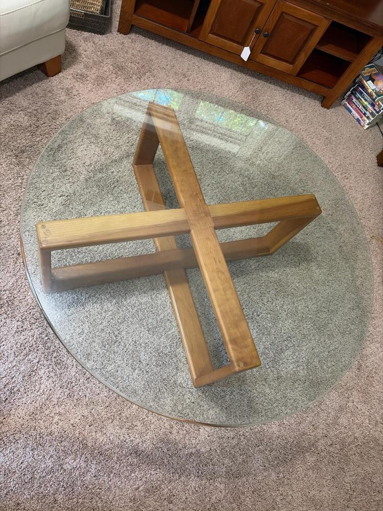 Heavy Glass Top Coffee Table With Wood Cross Base, Mid-Century Style